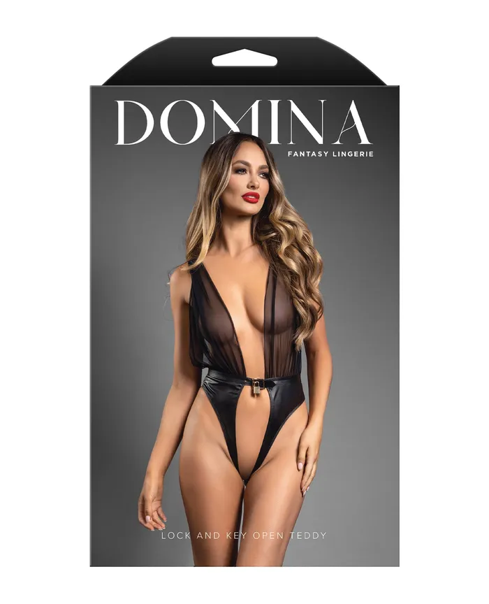 Fantasy Lingerie Domina Plunge Front Sheer Mesh Vegan Leather Teddy wLock Key Black Restraints Fantasy Lingerie Domina Plunge Front Sheer Mesh Vegan Leather Teddy wLock Key Black Restraints