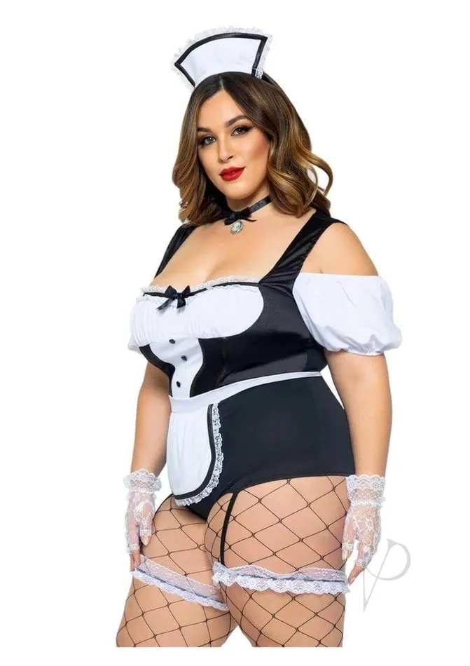Leg Avenue Inc Plus Foxy Frenchie Maid Costume Plus Size Cold Shoulder Garter Bodysuit by Leg Avenue 3X4X Plus Size