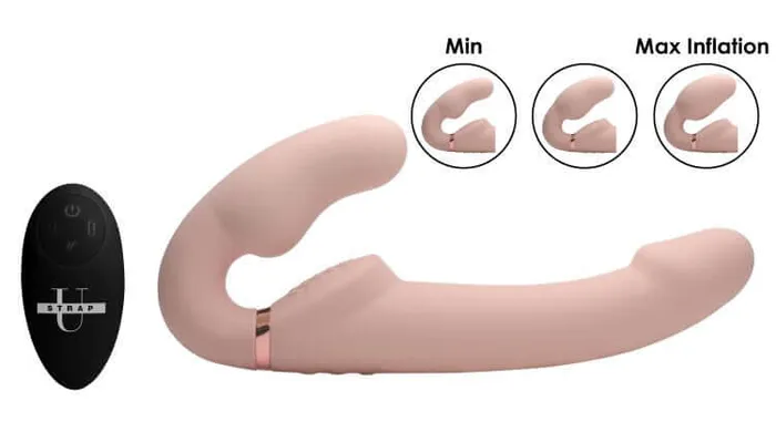 XR Brands Female Sex Toys Strap U 10X Evoke Ergo Fit Inflatable and Vibrating Strapless StrapOn Beige