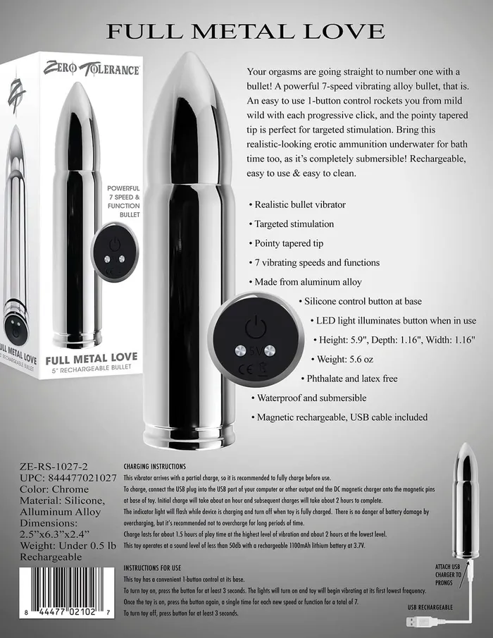 Zero Tolerance Full Metal Love 5 inches Vibrating Bullet Evolved Novelties Anal